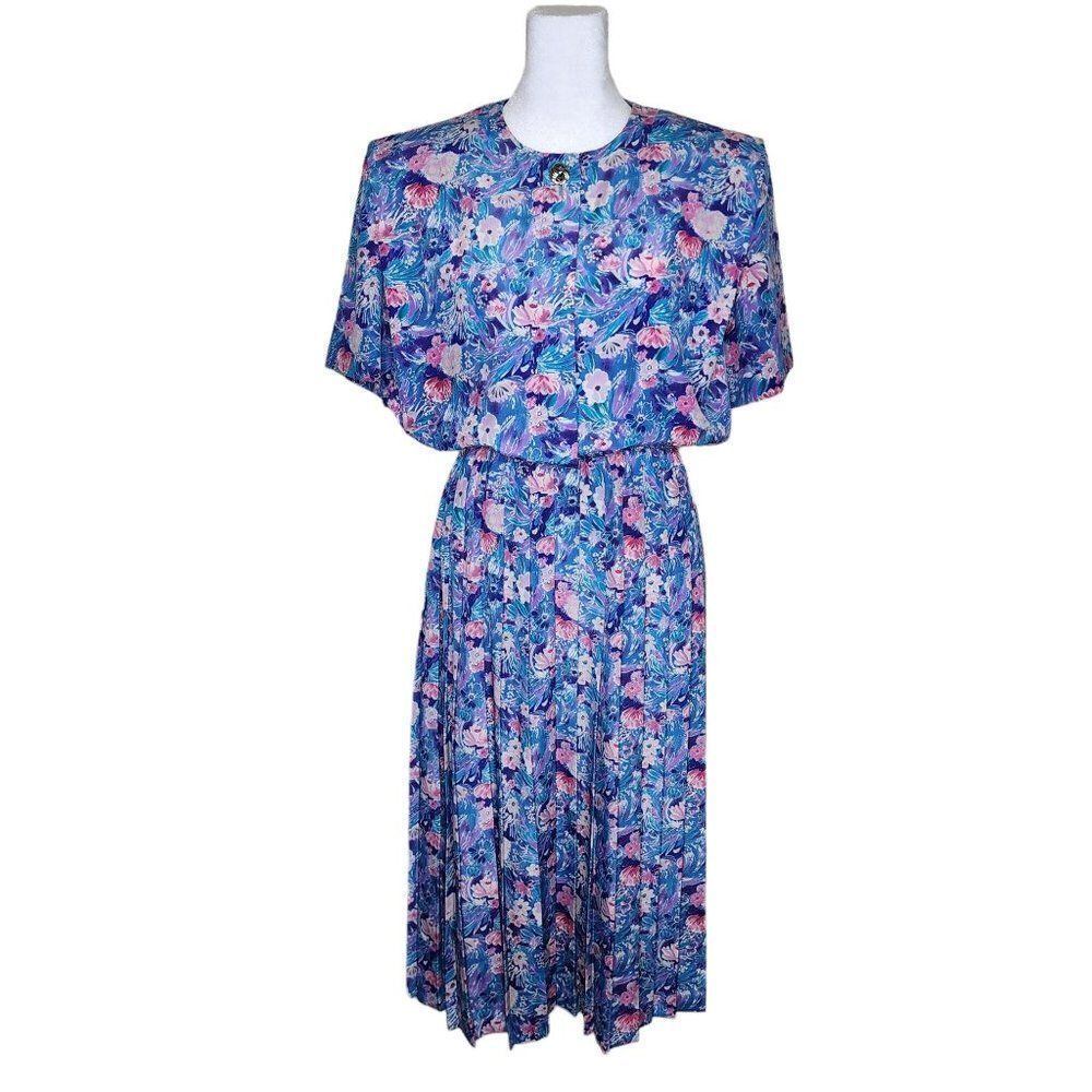 Vintage Leslie Faye Blouson Dress Womens Sz10 Blue Purple Pleated Skirt Floral